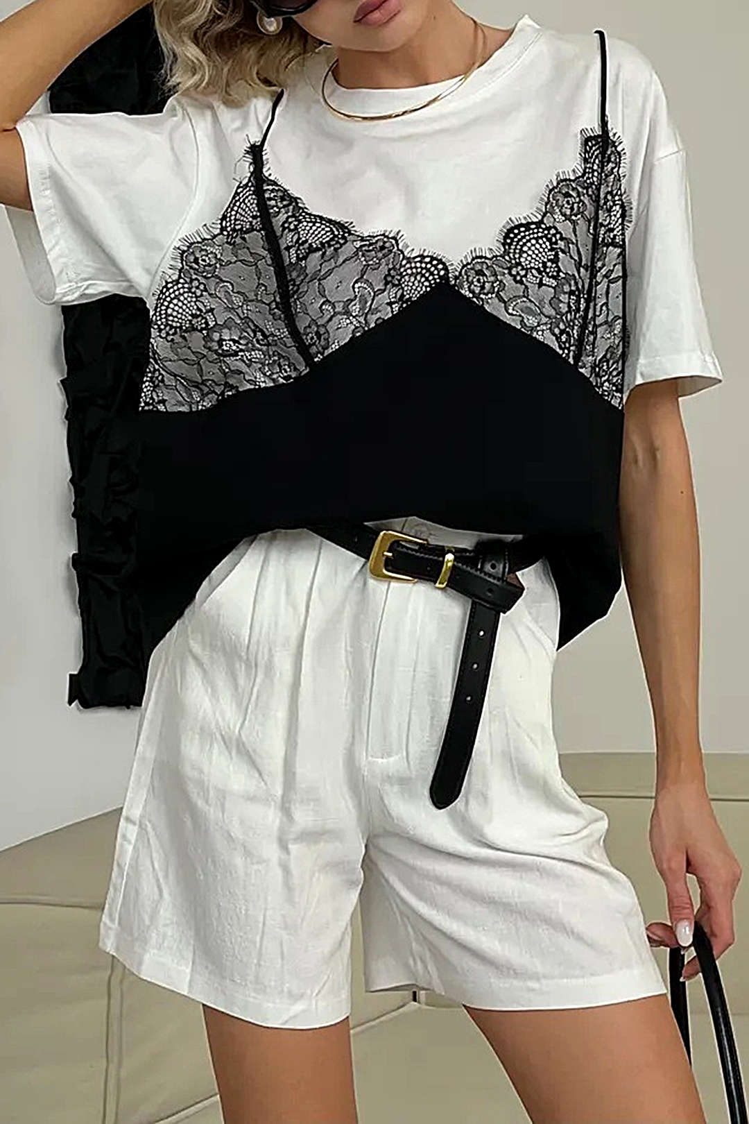 Kontrast-Spitzen-Patchwork Rundhals-Kurzarm-T-Shirt
