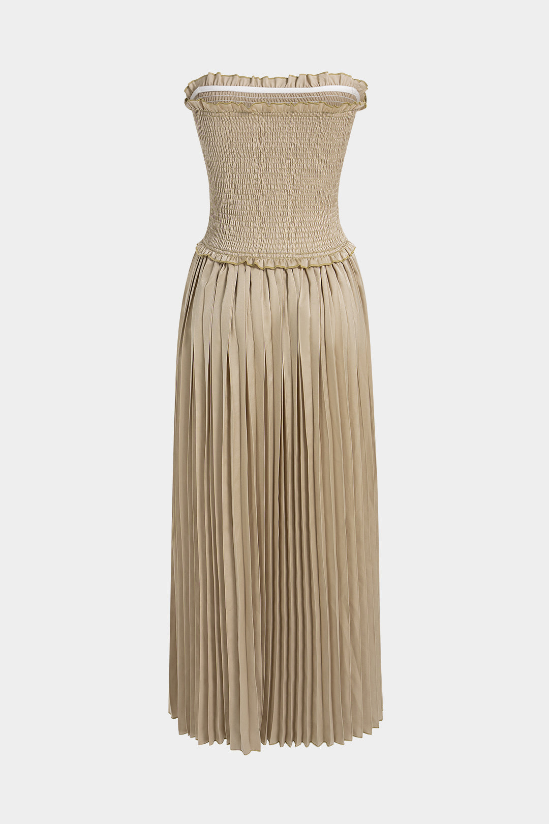 Scallop Edge Pleated Strapless Sleeveless Maxi Dress