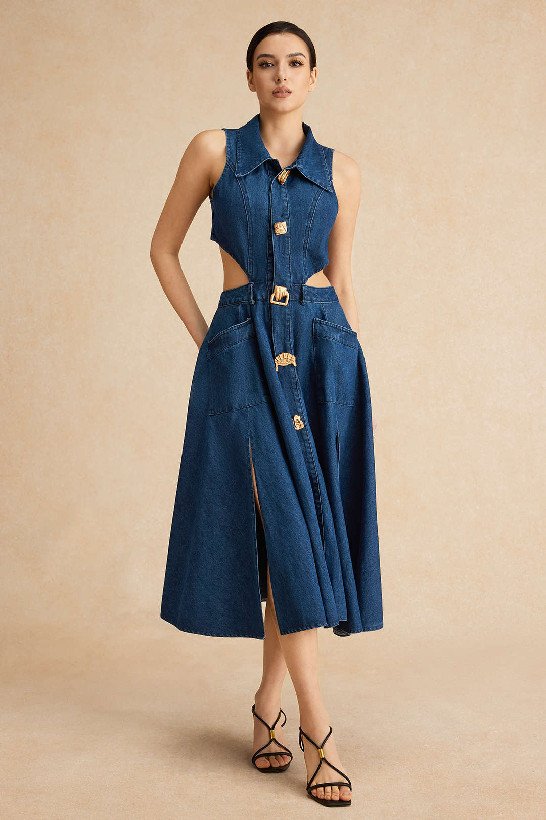 Denim Button Cut Out Midi Dress