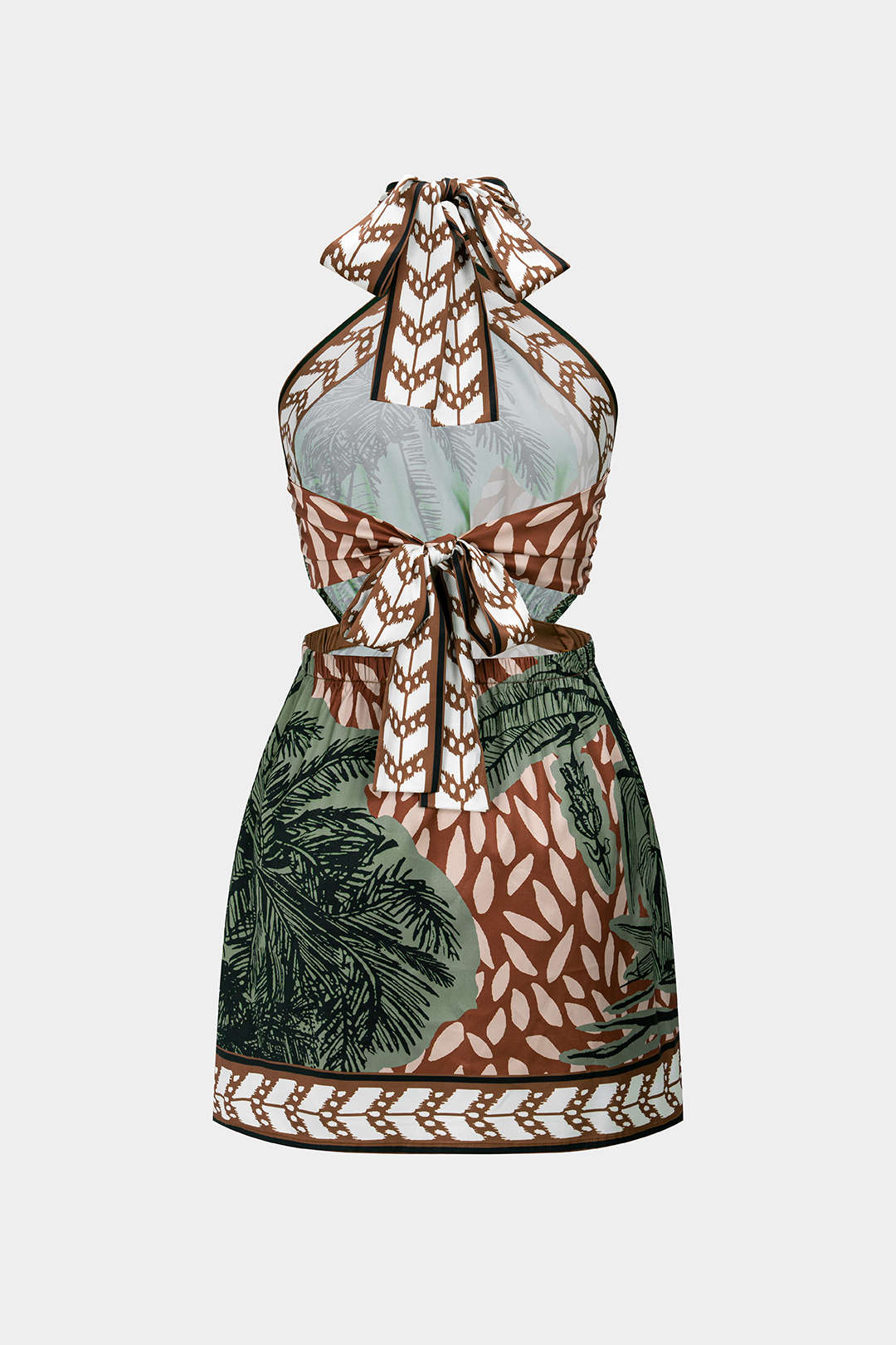 Minikleid aus Satin mit Blättermuster, Neckholder, Schnürung am Rücken und rückenfreiem Design
