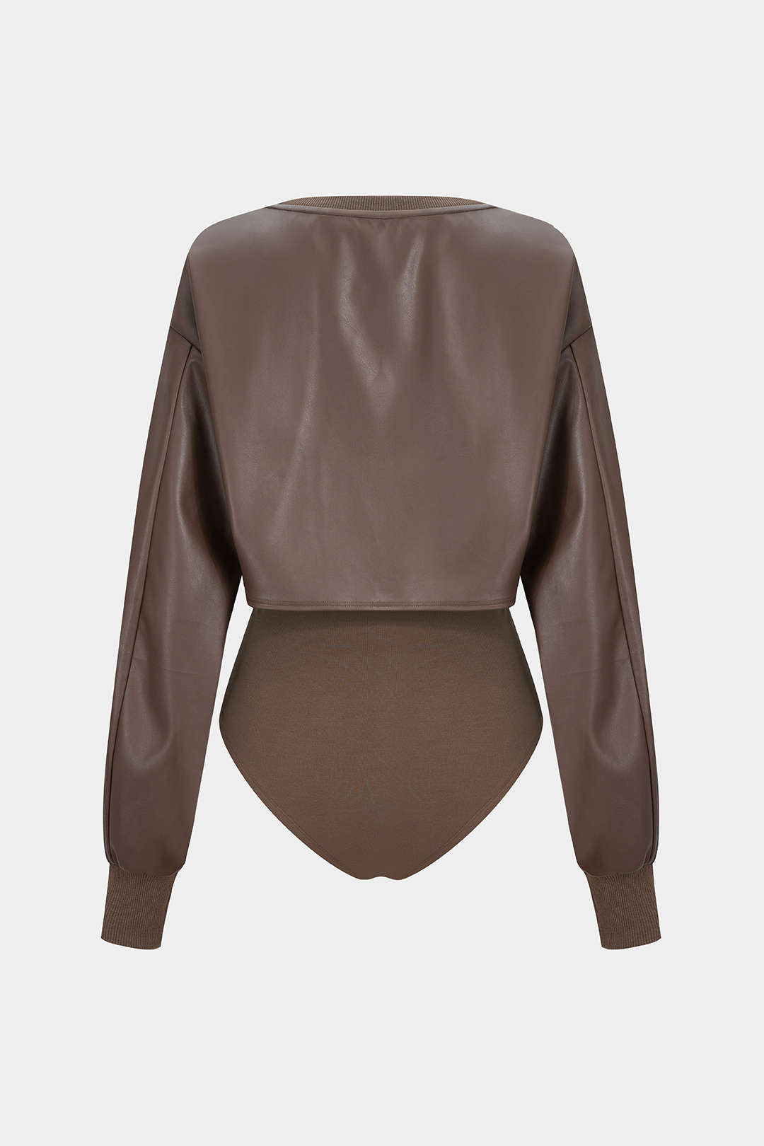 Kunstleder Patchwork Rundhals Asymmetrisch Langarm Bodysuit