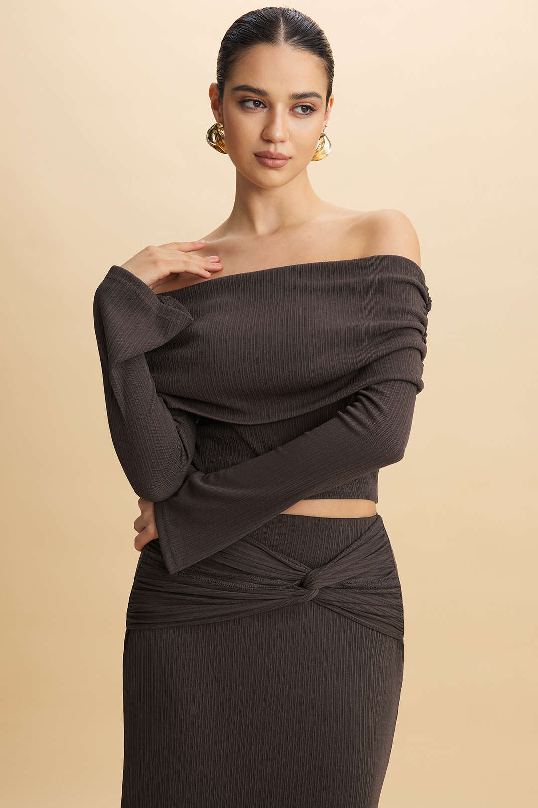 Off Shoulder Long-Sleeve Top And Twist Knot Skirt Set