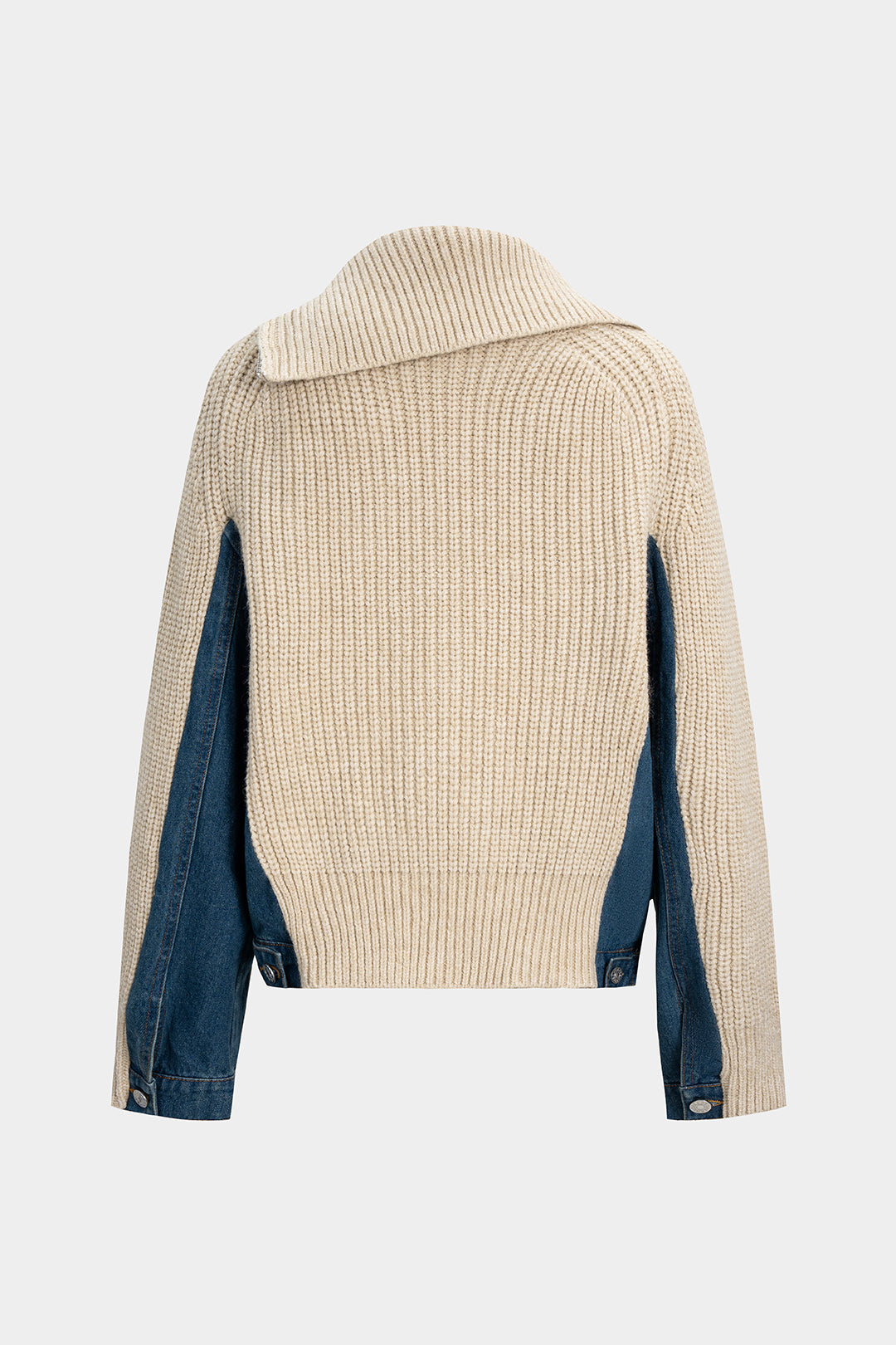 Knit Denim Patchwork Asymmetric Zipper Cardigan