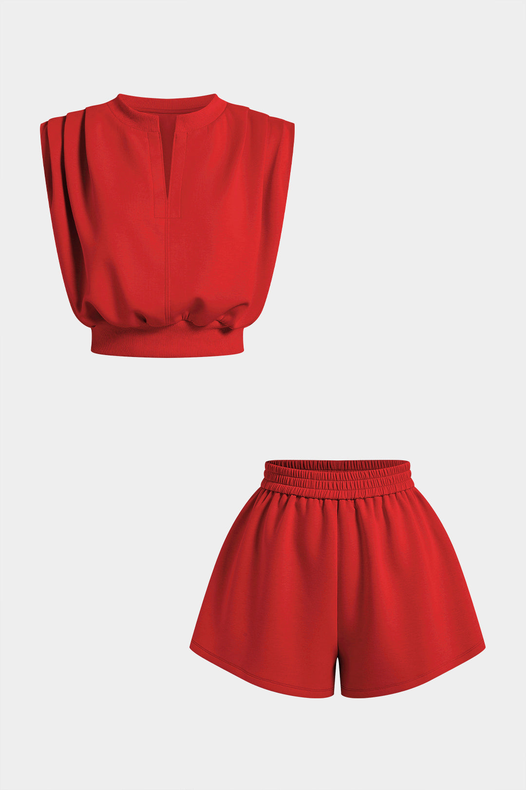 Einfarbiges V-Ausschnitt Tanktop mit Raffungen und Shorts mit gerüschtem Bund und weitem Bein
