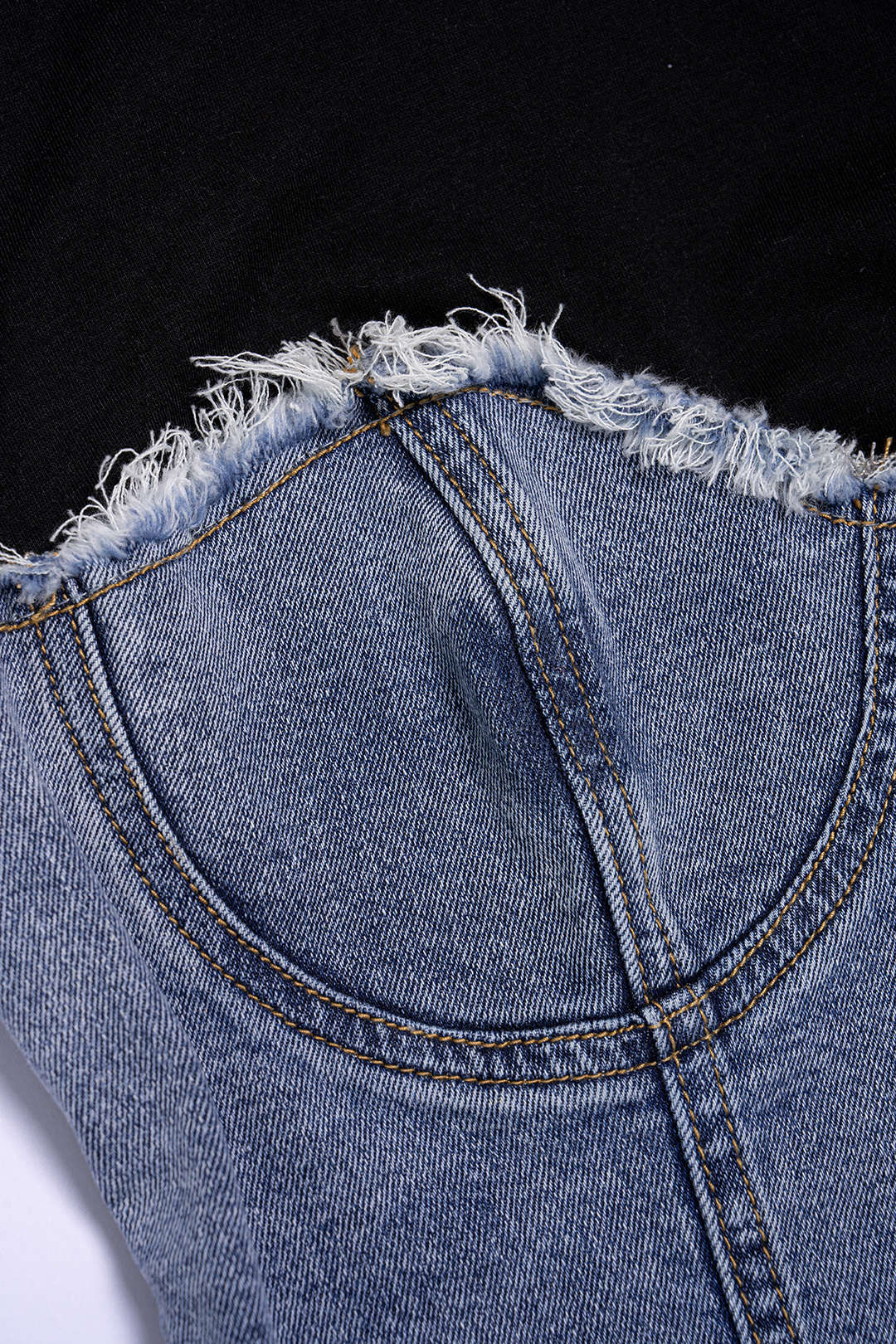 Denim Patchwork Round Neck Asymmetrical Hem Short Sleeve T-Shirt