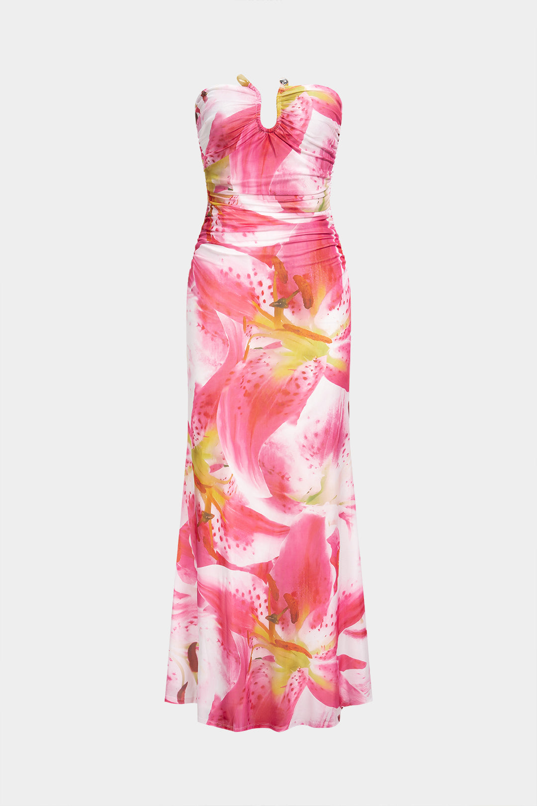 Maxikleid aus Mesh mit Blumenmuster, trägerlos und ärmellos