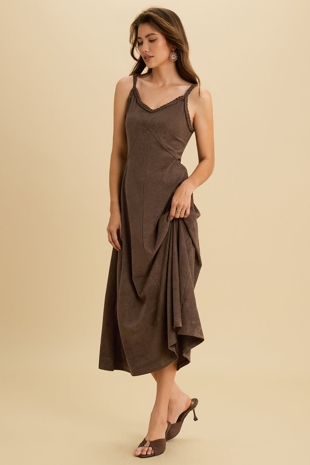 Suede Twist Knot Ruched Sleeveless Midi Dress