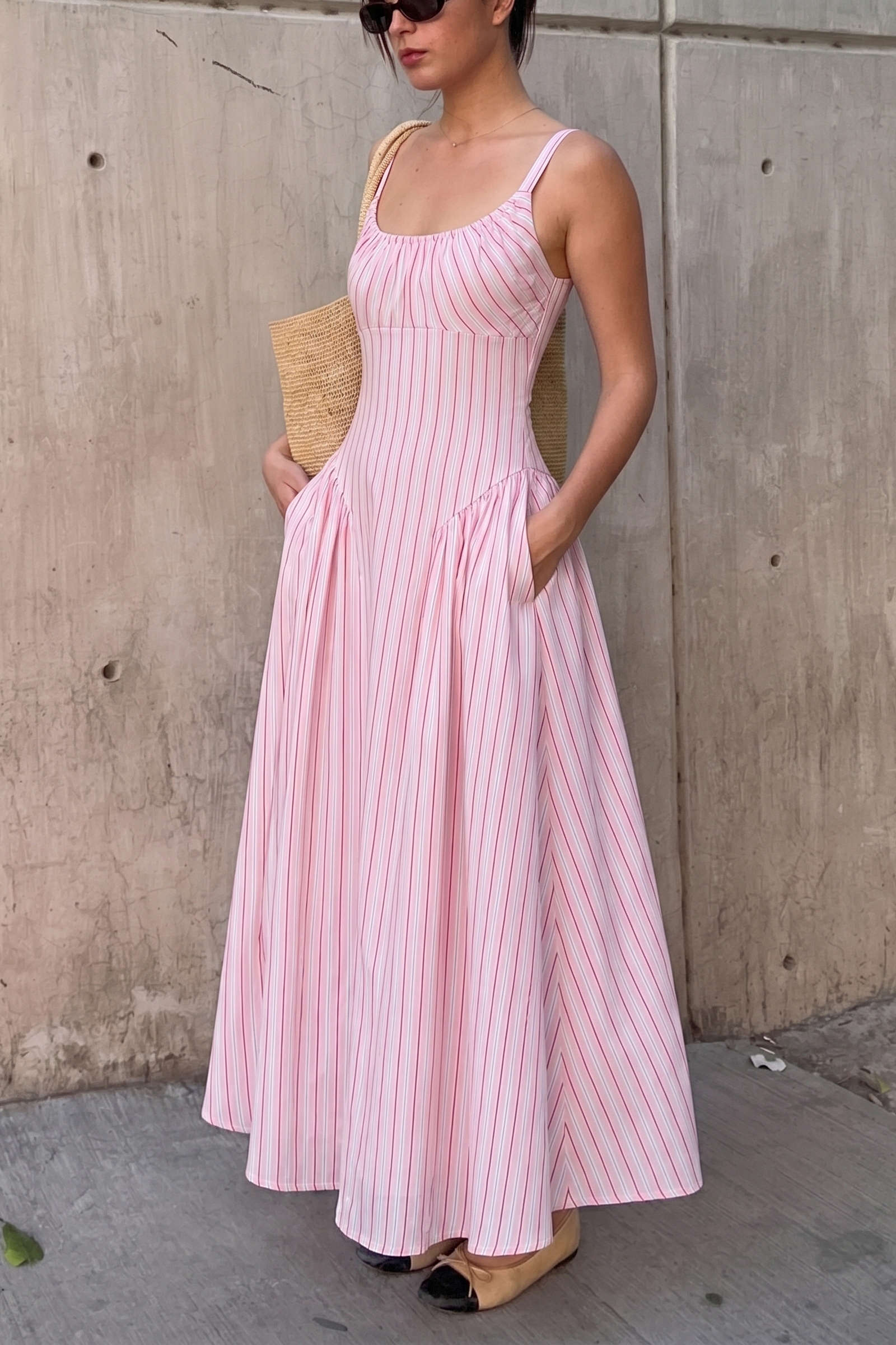 Stripes Print Round Neck Pocket Sleeveless Maxi Dress