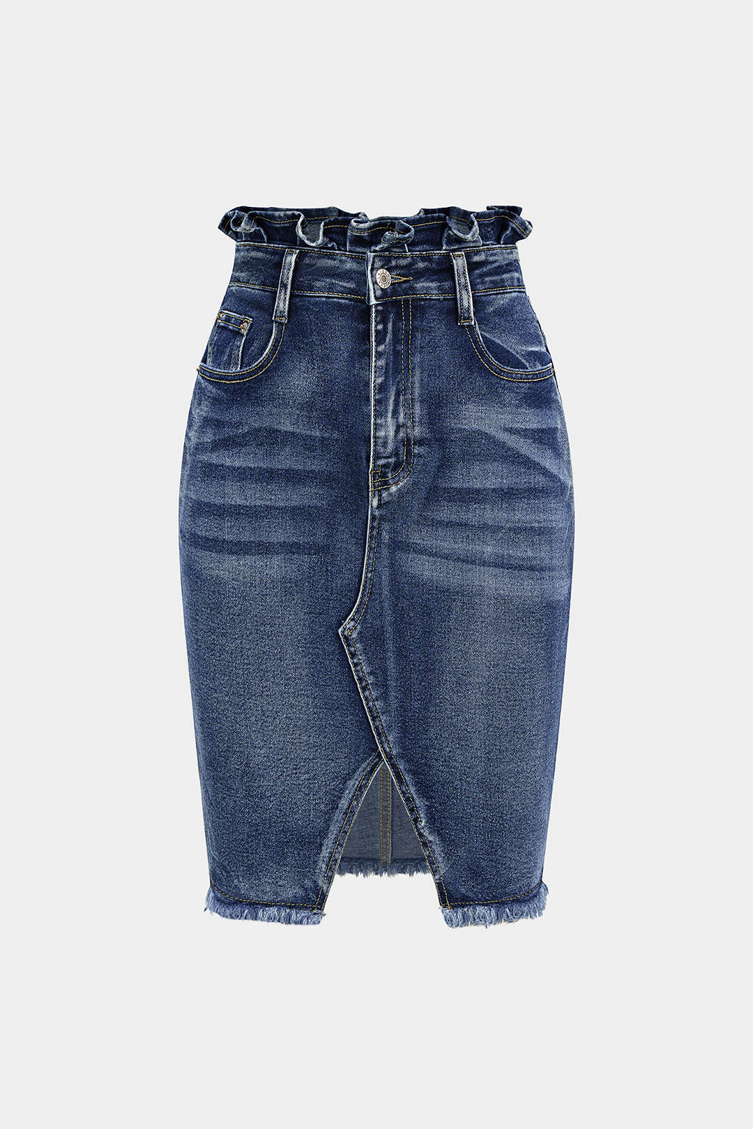 Asymmetrischer Franserock aus Denim mit Rüschen