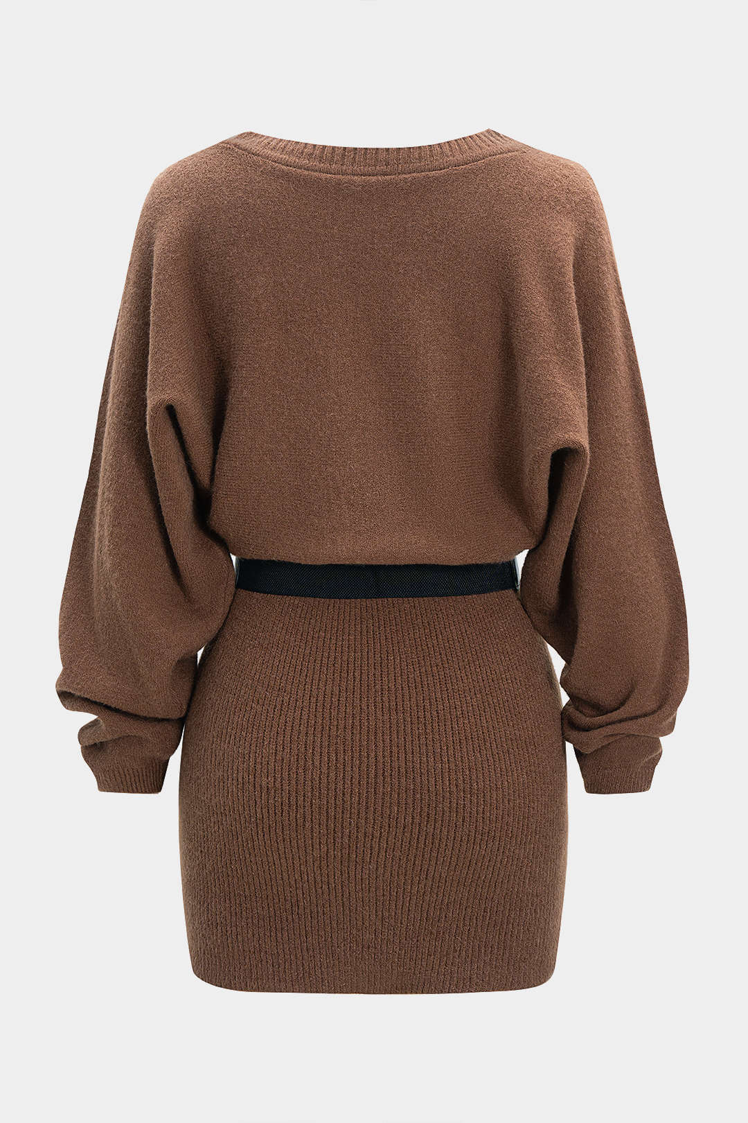 Knit Belted Batwing Long-Sleeve Mini Dress