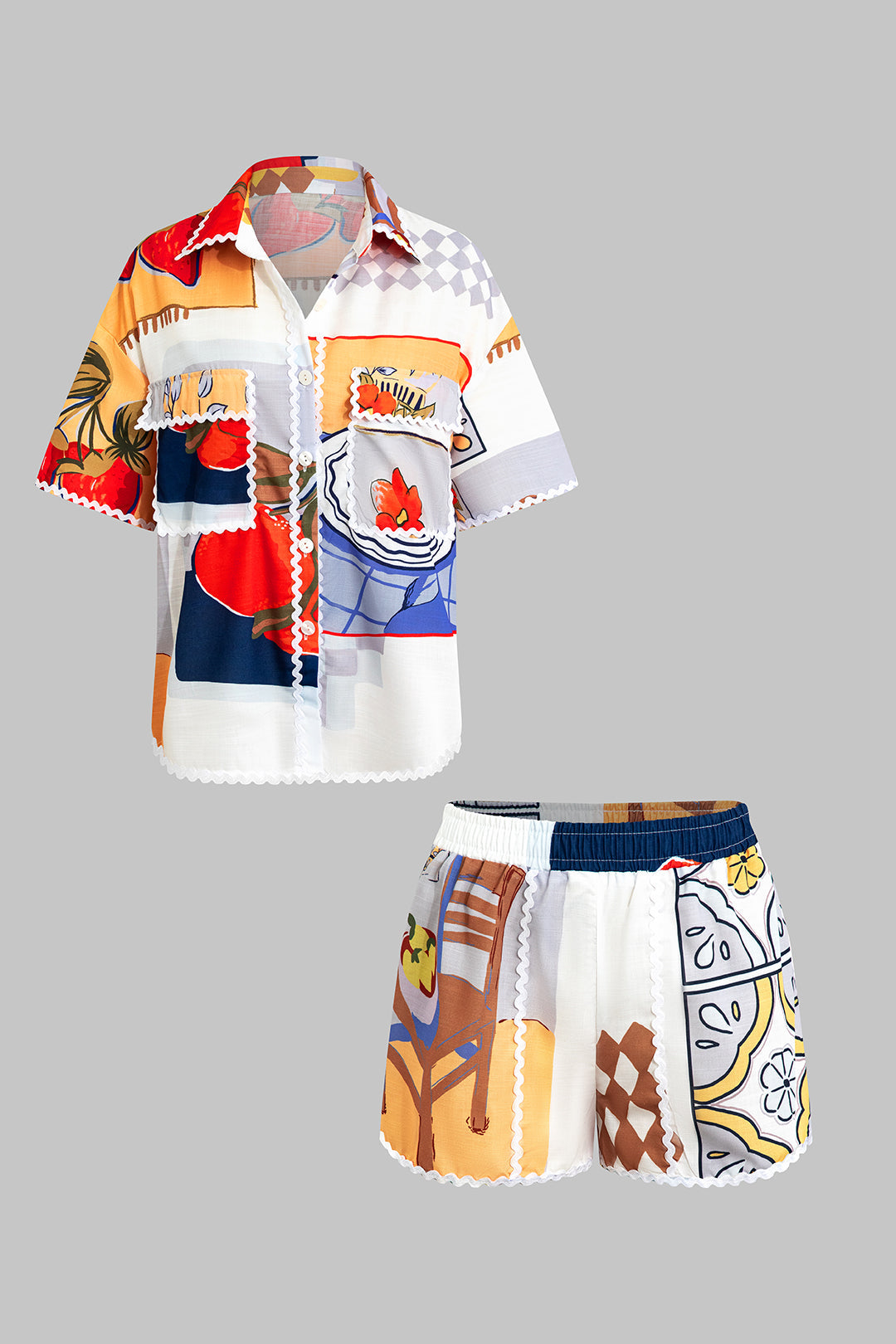 Artistic Print Lapel Seamdetail Short Sleeve Shirt And Shorts Set