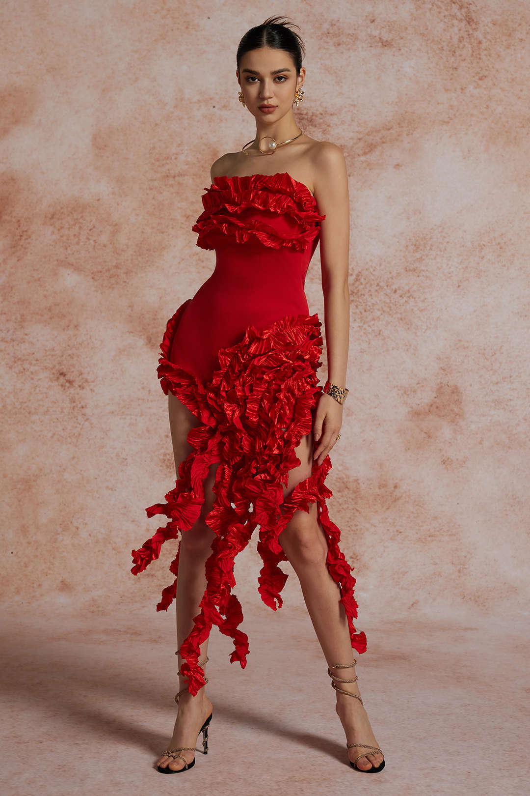Robe midi bustier à volants et franges