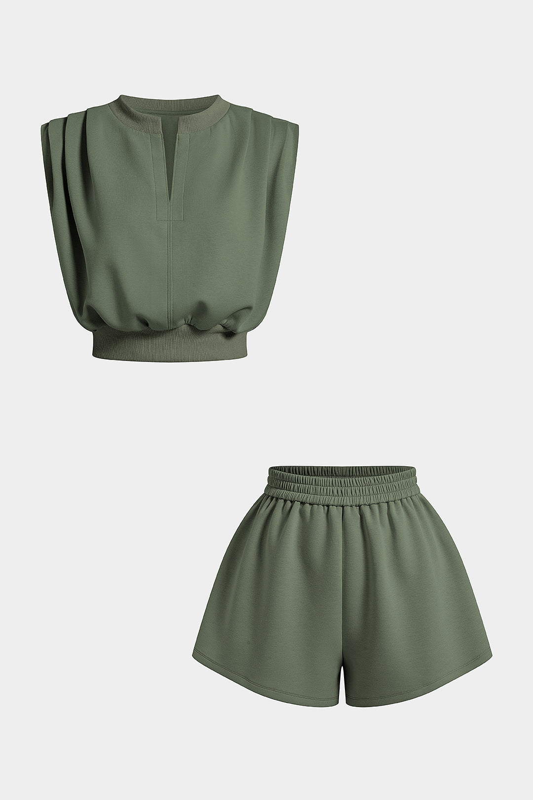 Einfarbiges V-Ausschnitt Tanktop mit Raffungen und Shorts mit gerüschtem Bund und weitem Bein