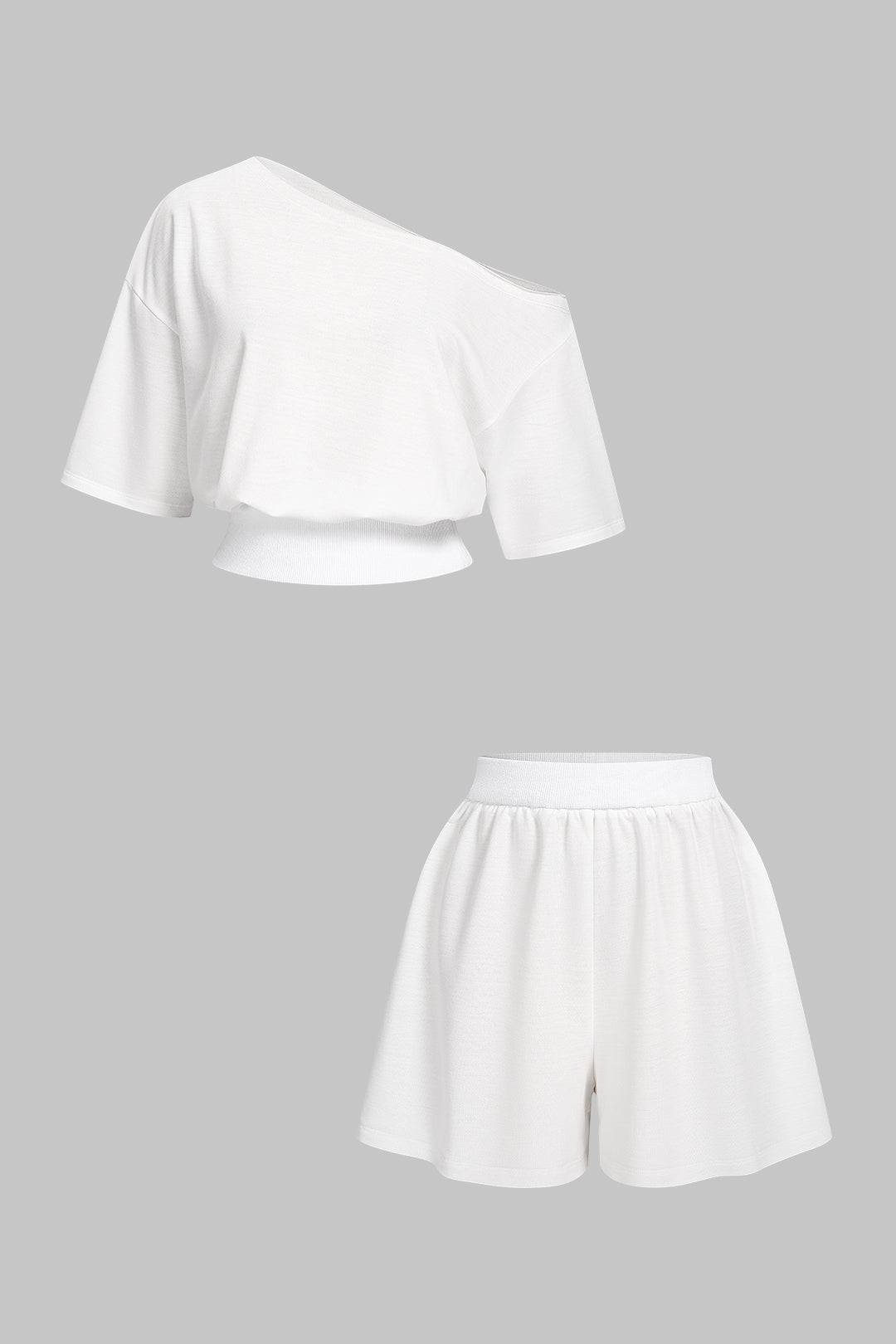 Einfarbiges, schulterfreies Kurzarm-T-Shirt und weit geschnittene Shorts-Set