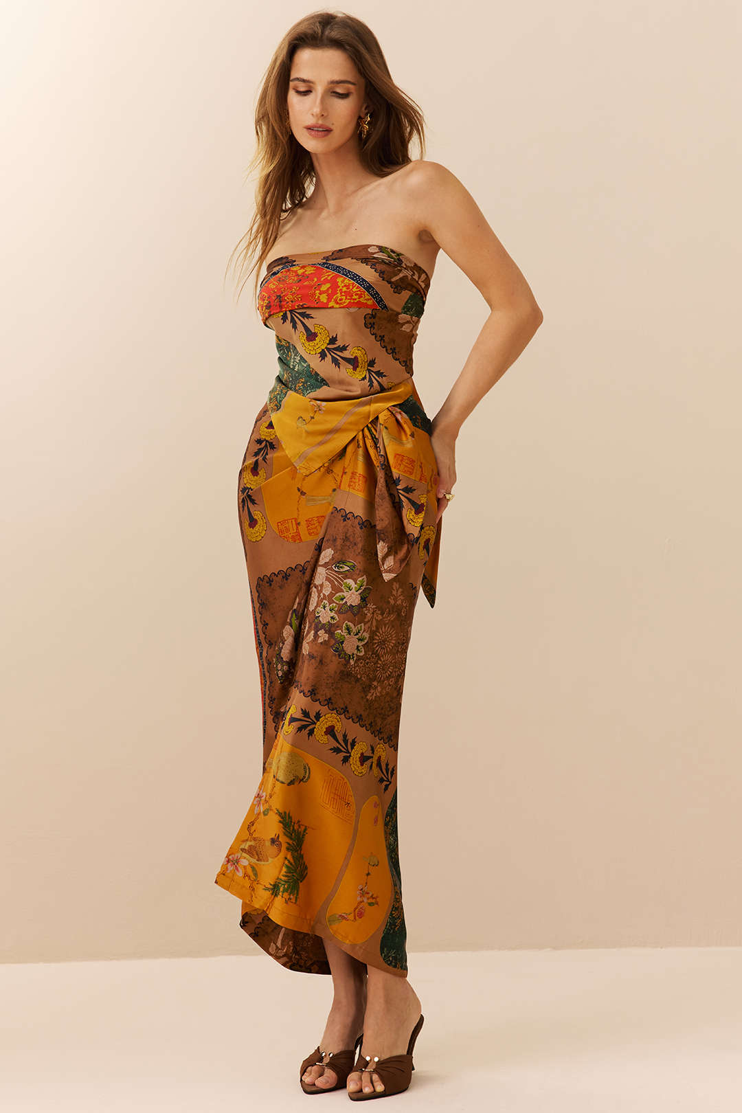 Retro Print Satin Tie Front Skirt