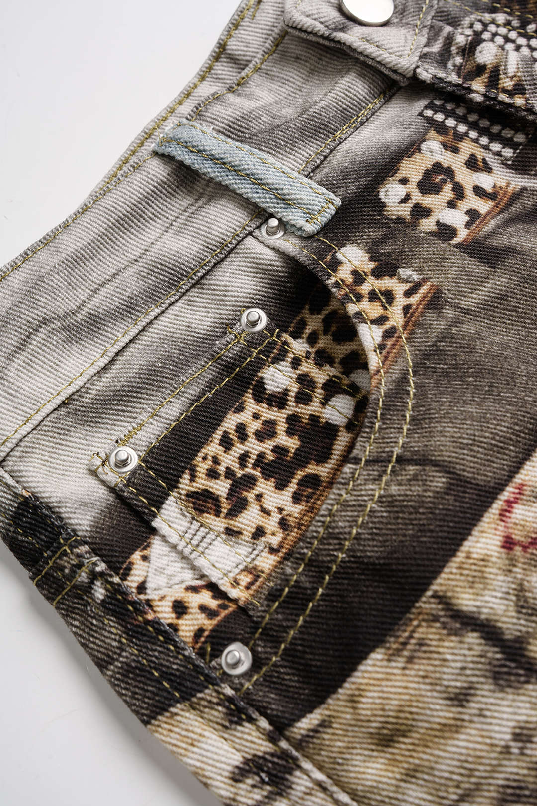 Artistic Denim Print Button Pocket Straight Leg Pants