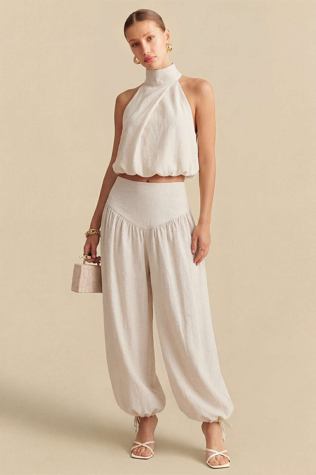 Stehkragen-Neckholder-Top ohne Ärmel und Hose mit weitem Bein und Kordelzug im Set