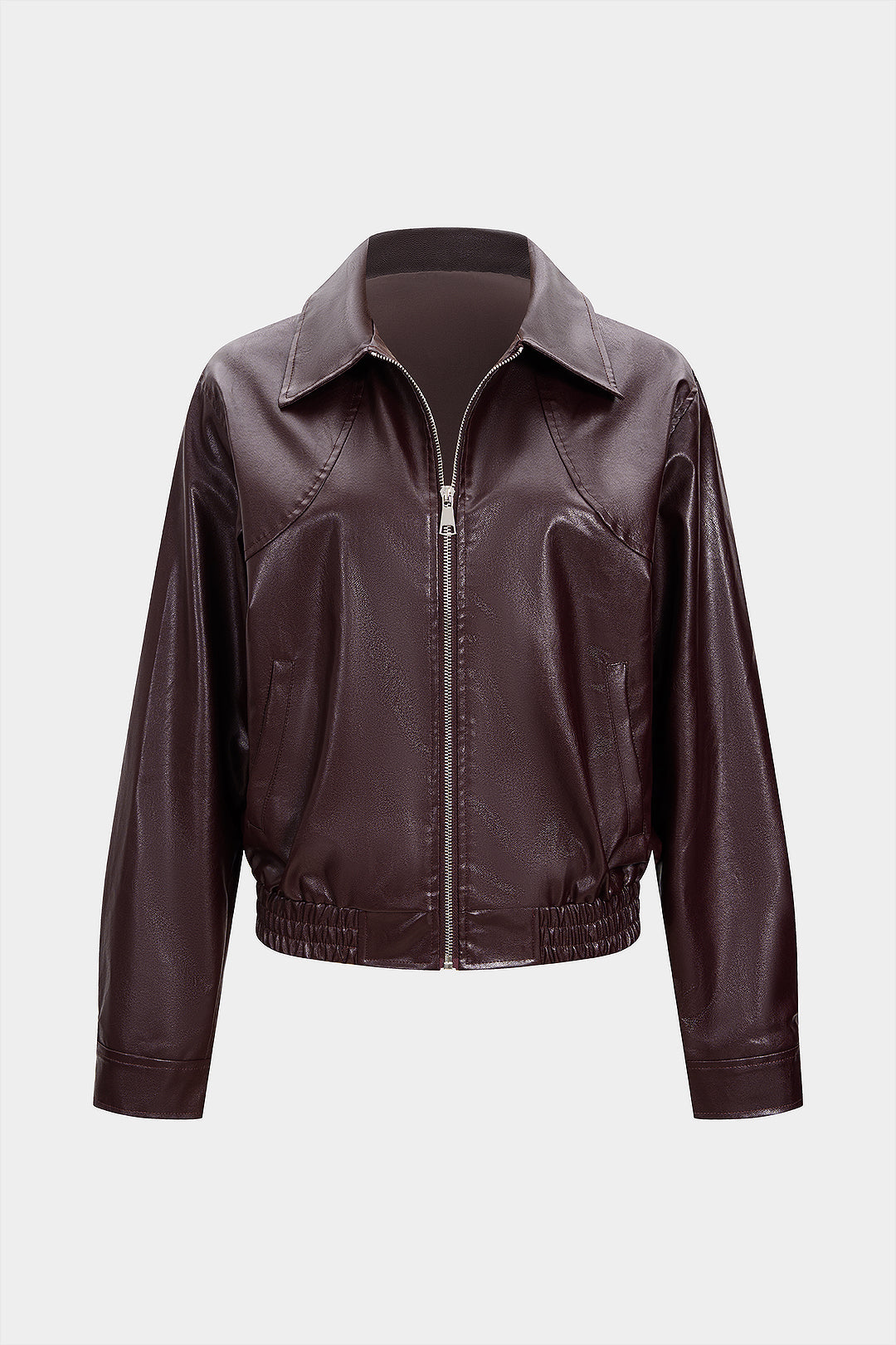 Faux Leather Smocked Zipper Jacket