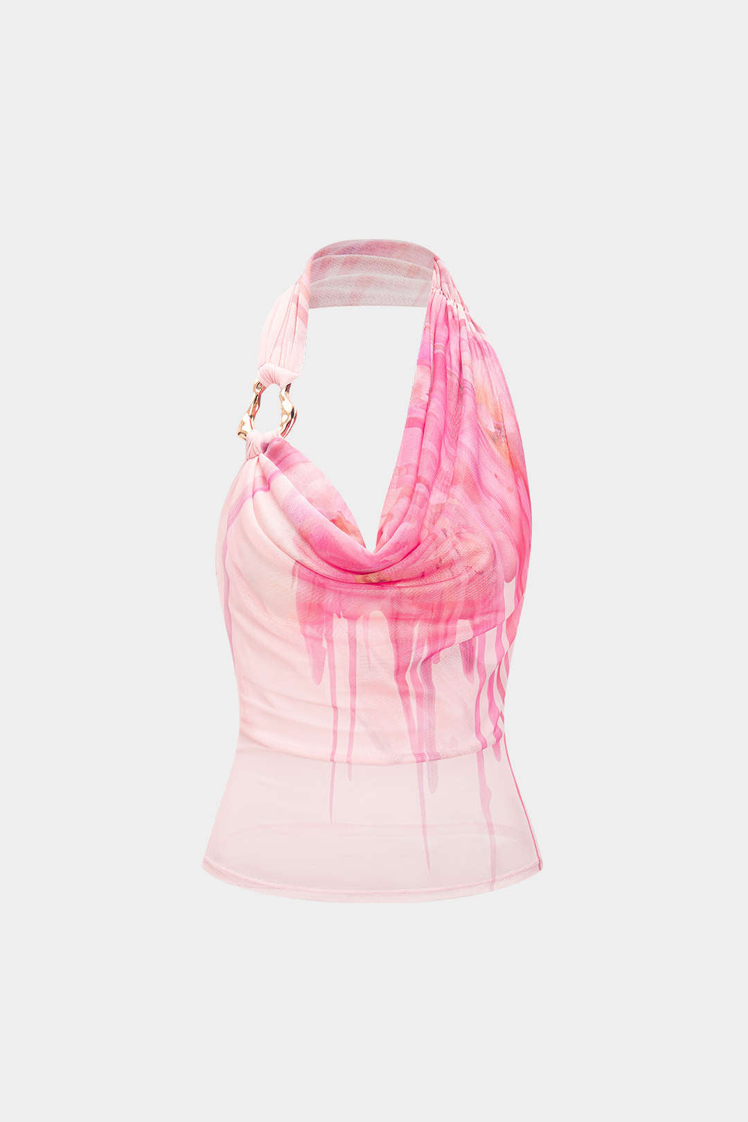 Floral Print Mesh Asymmetrical Ruched Cami Top