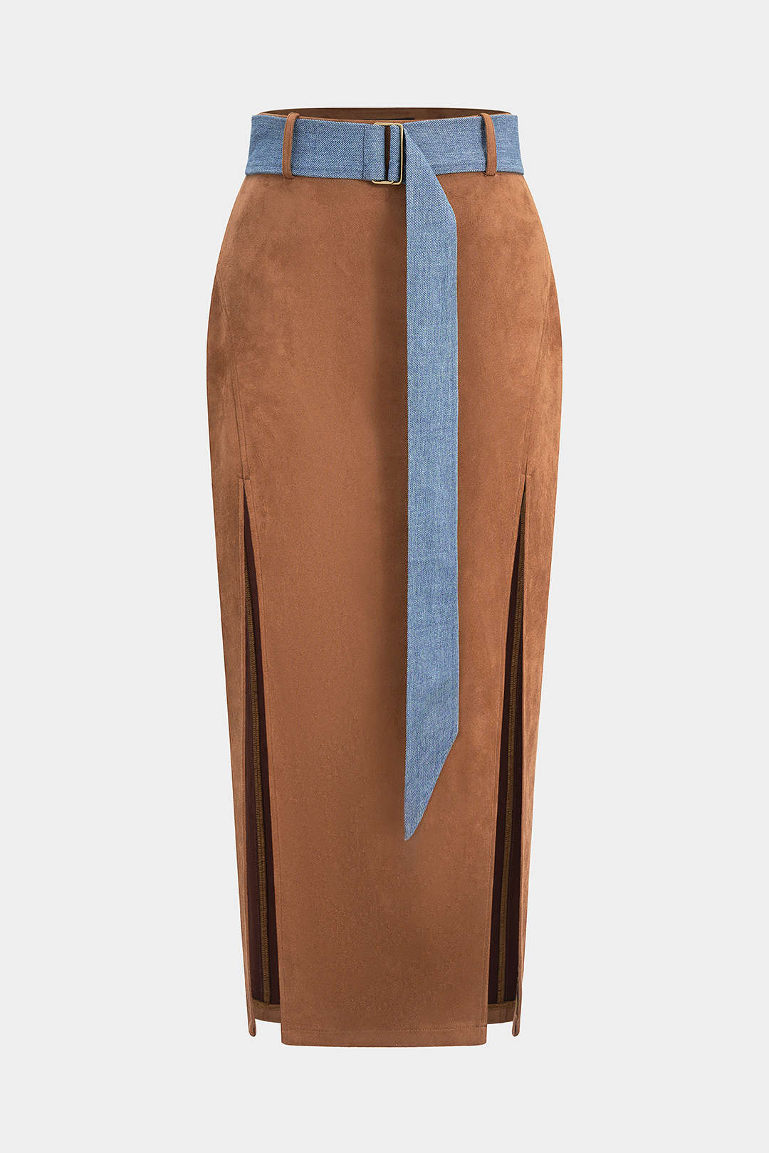 Suede Belted High Slit Skirt