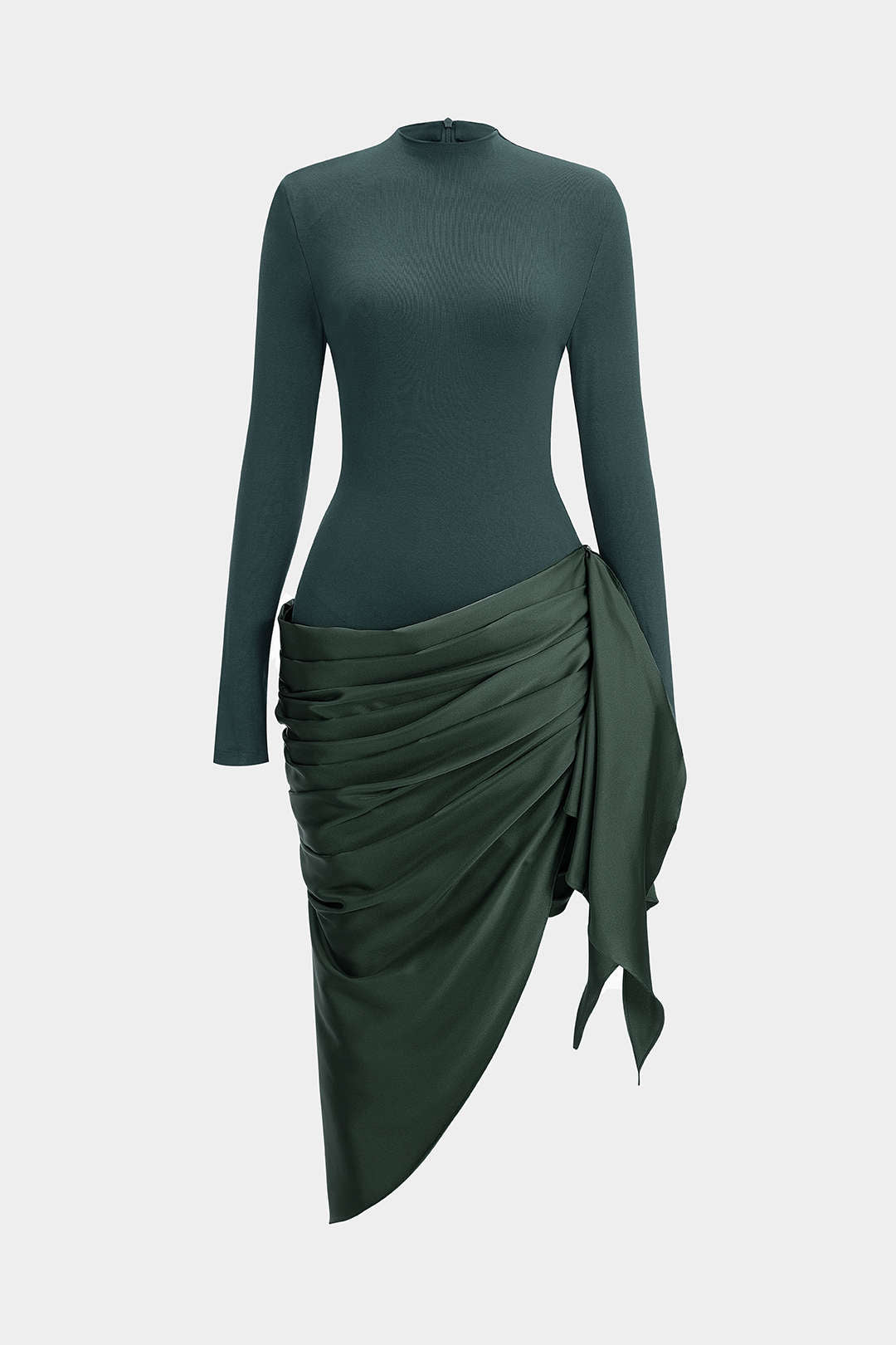 Satin Patchwork Ruched Asymmetrical Long Sleeve Midi Dress
