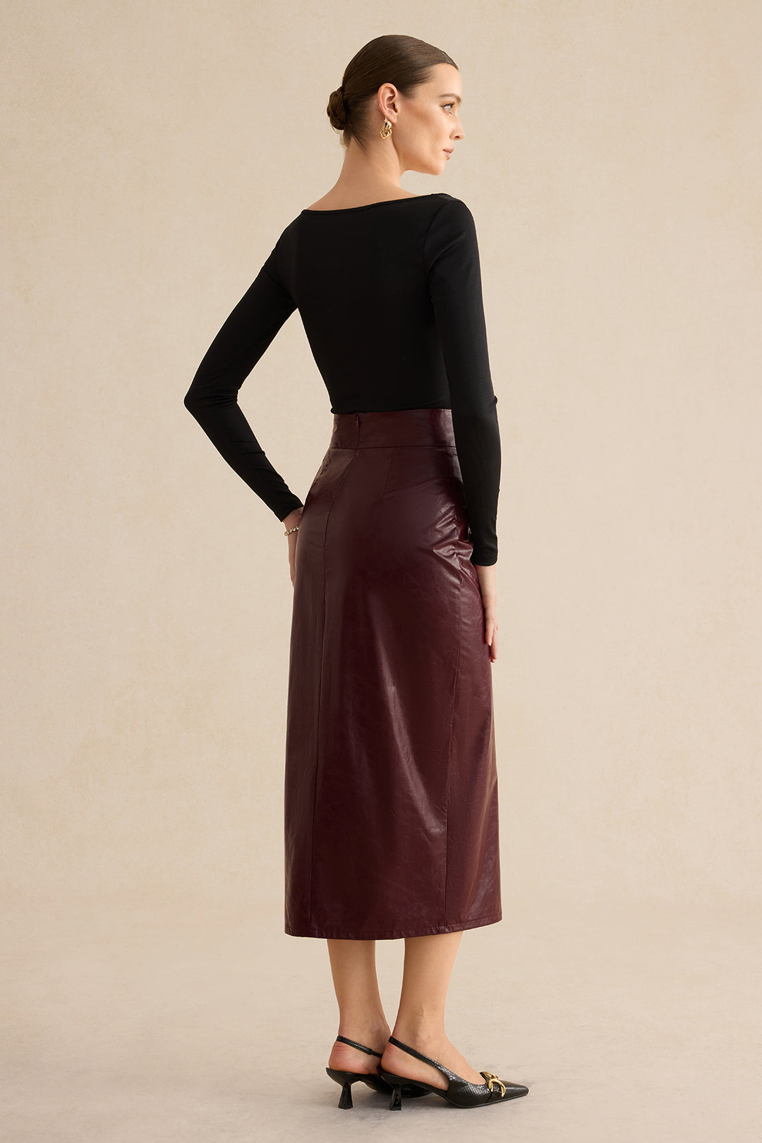 Faux Leather Side Slit Skirt