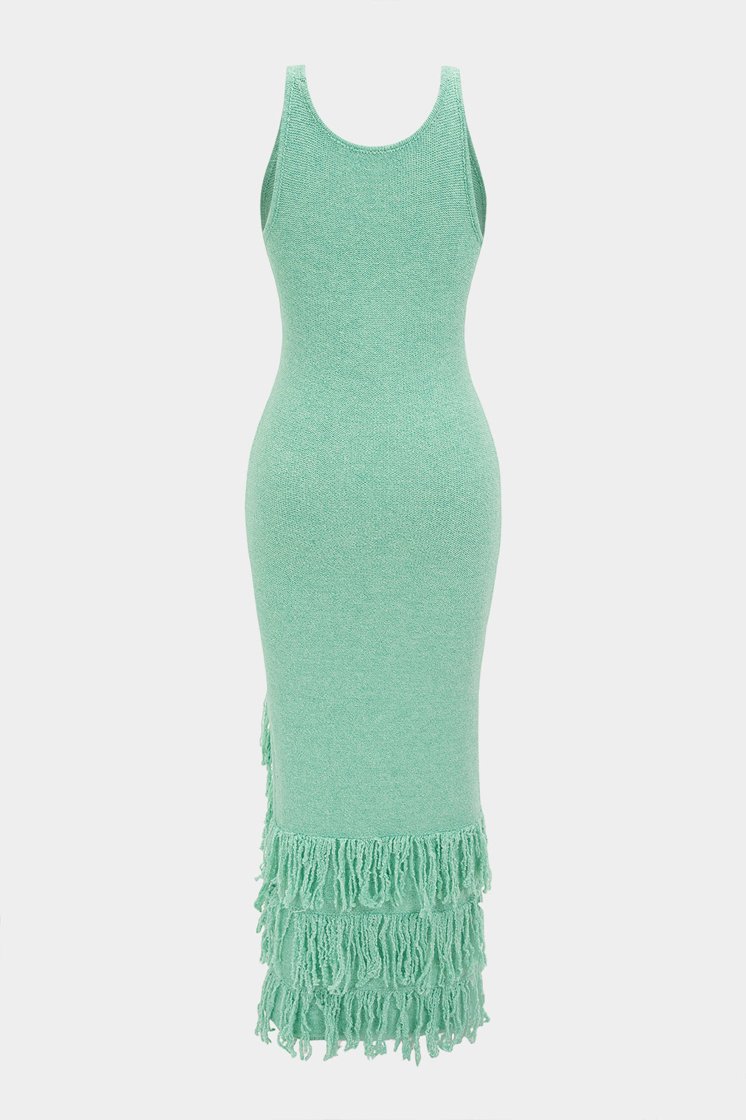Robe longue sans manches en maille fendue à franges