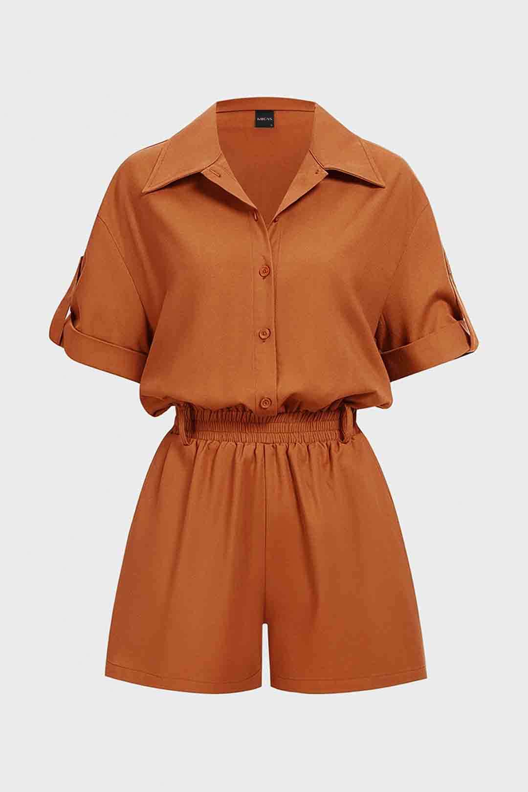 Linen Button Shirred Waistband Short Sleeve Romper