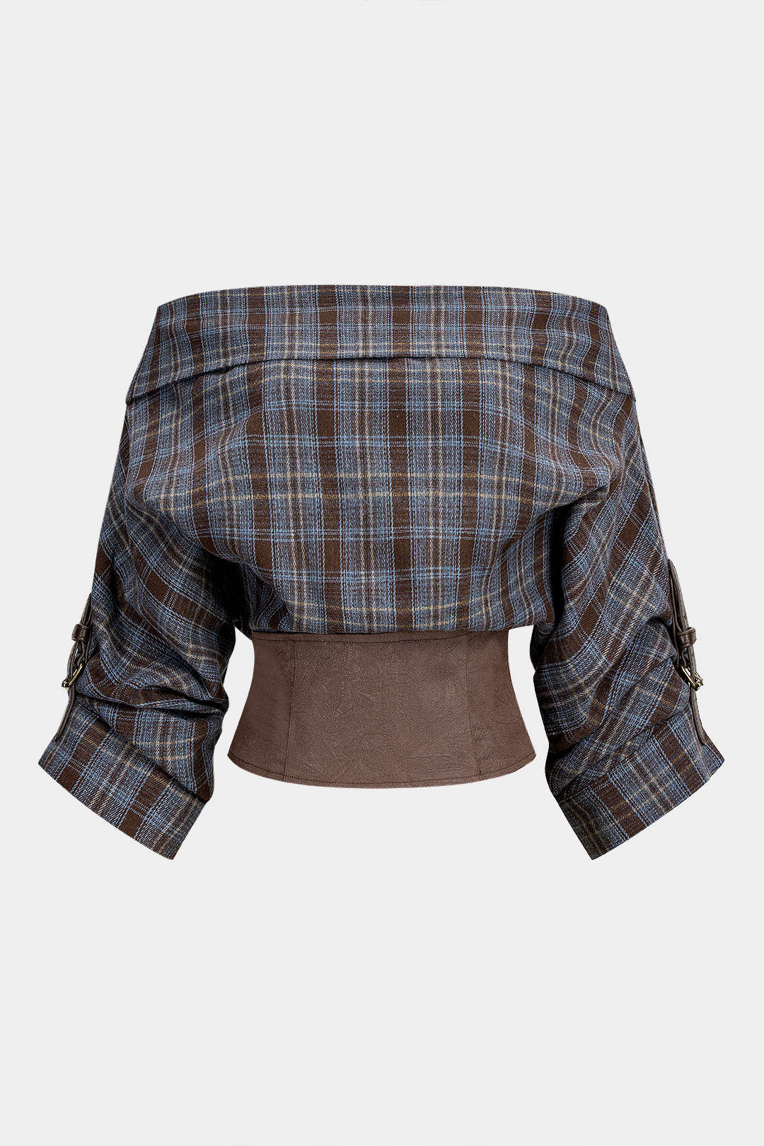 Plaid-Print-Satin-Patchwork-Off-Shoulder-Reißverschluss-Langarm-Hemd