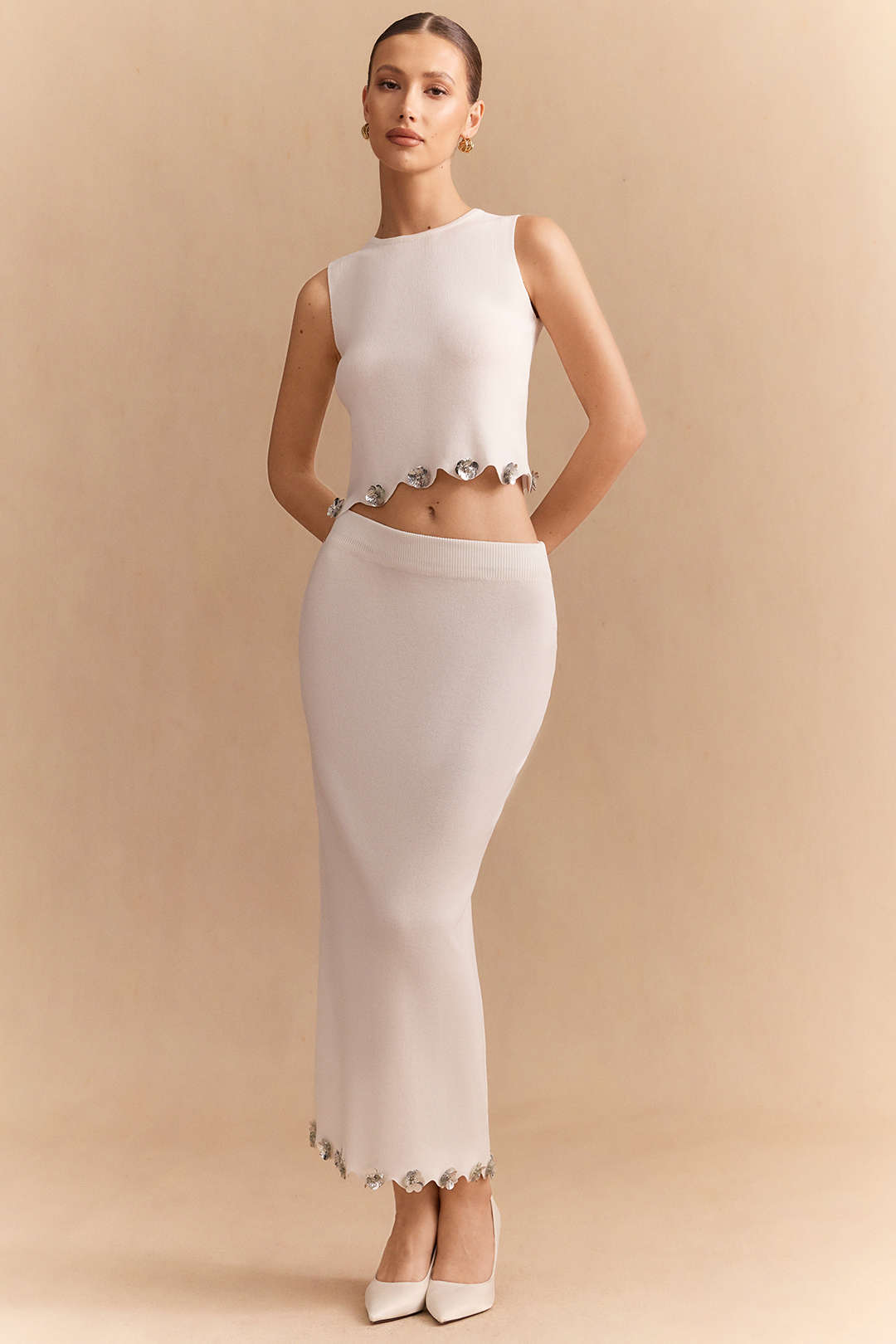 Knit Applique Sequin Round Neck Tank Top And Skirt Set