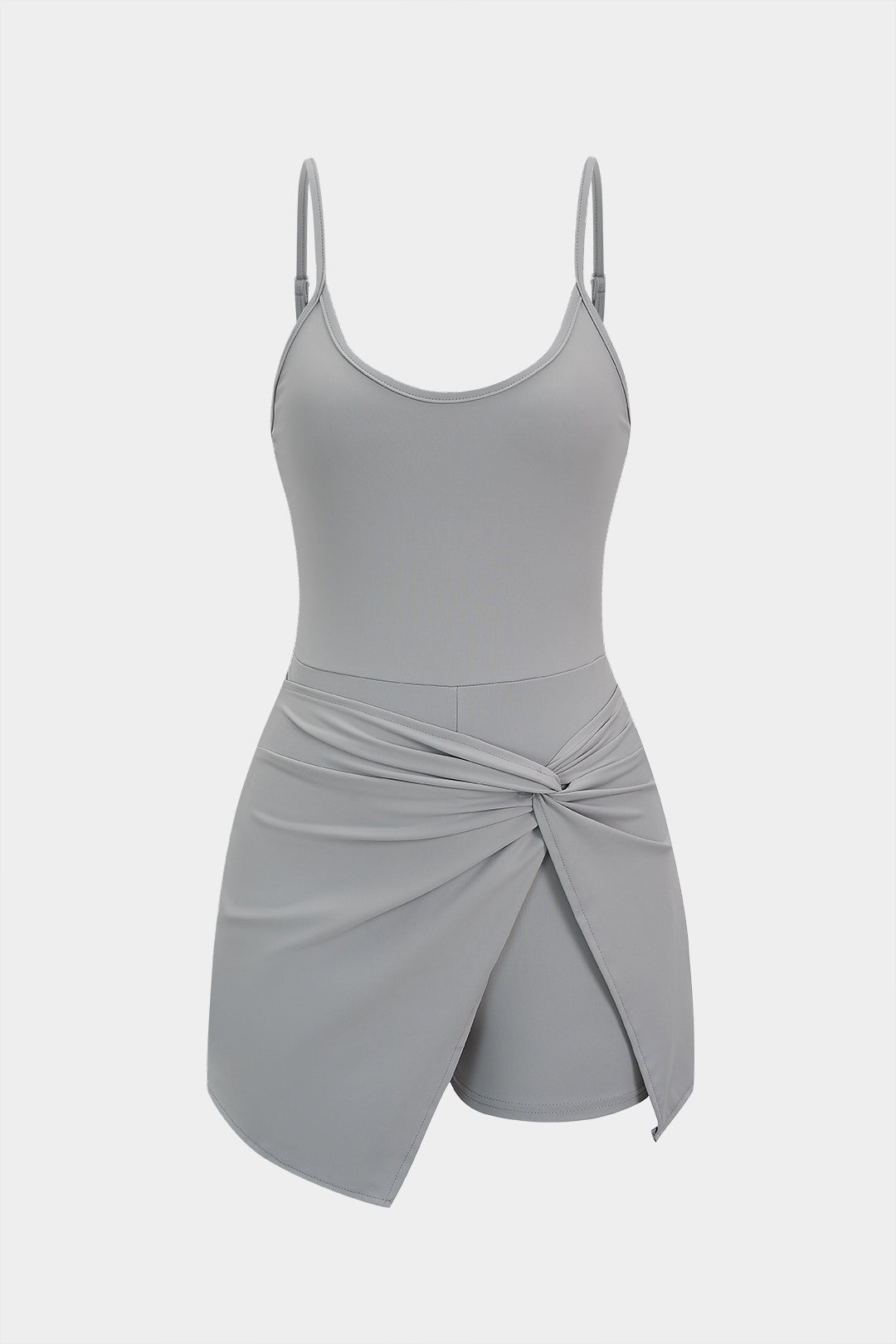 Solid Round Neck Asymmetrical Twist Knot Sleeveless Romper