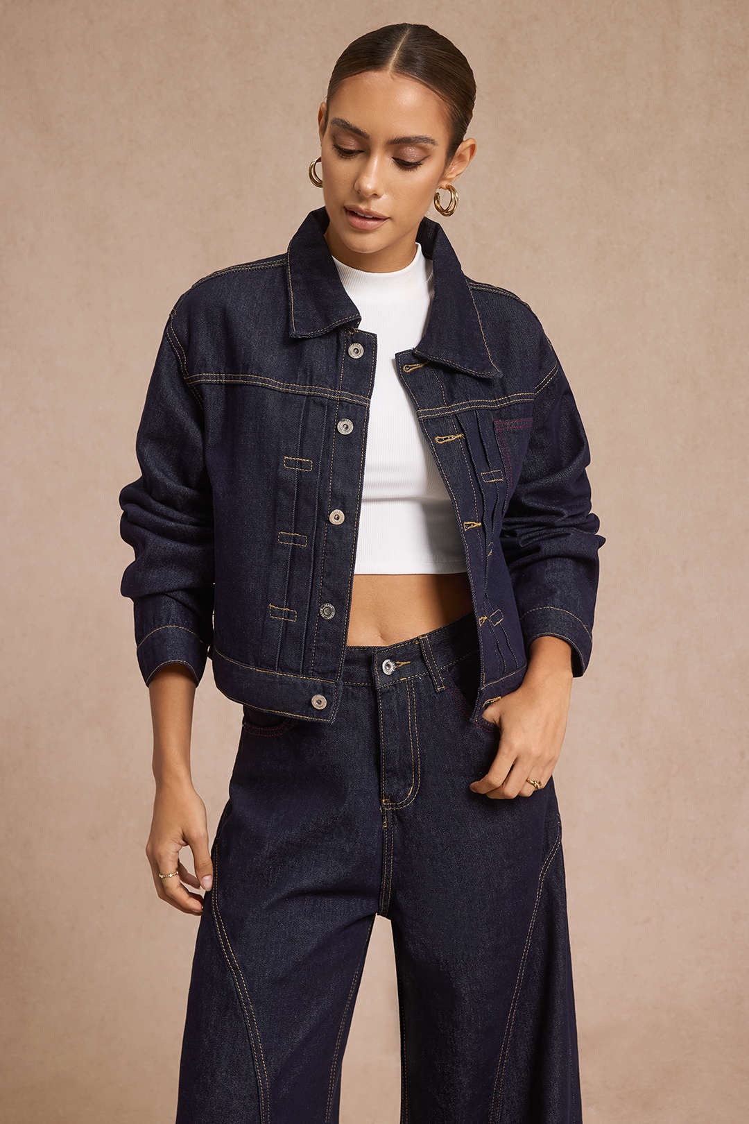 Denim Cropped Jacket And Barrel Jeans Set