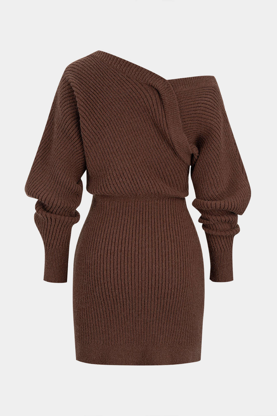 Geripptes Mini-Strickkleid mit asymmetrischem Ausschnitt und langen Ärmeln