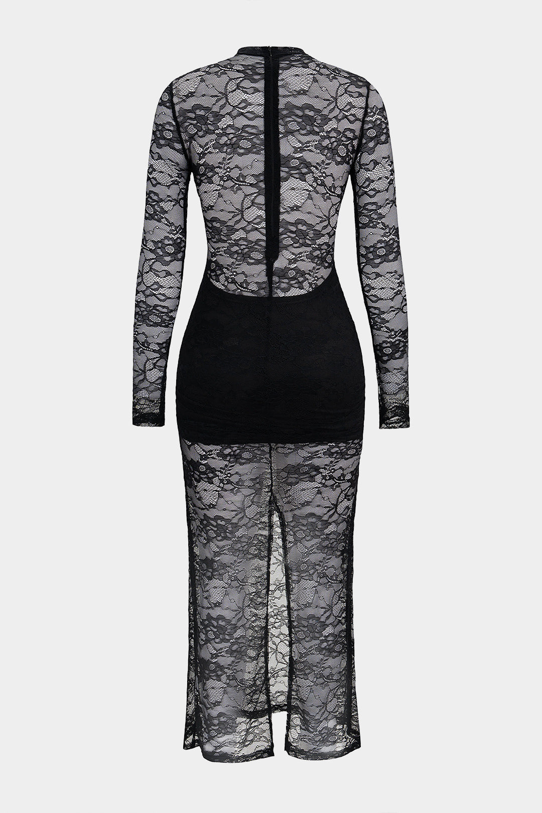 Maxikleid mit Spitzen-Stehkragen, Raffung und Langarm-Schlitz