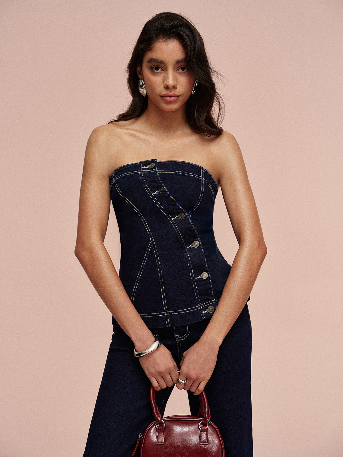 Strapless Denim Button-Up Top