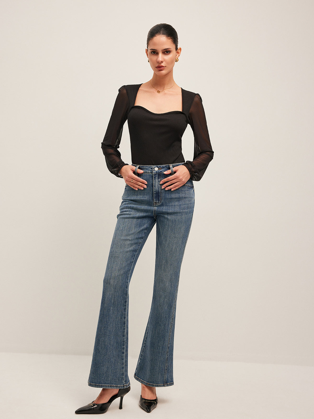 Semi-Sheer Mesh Sleeve Ribbed Bodysuit