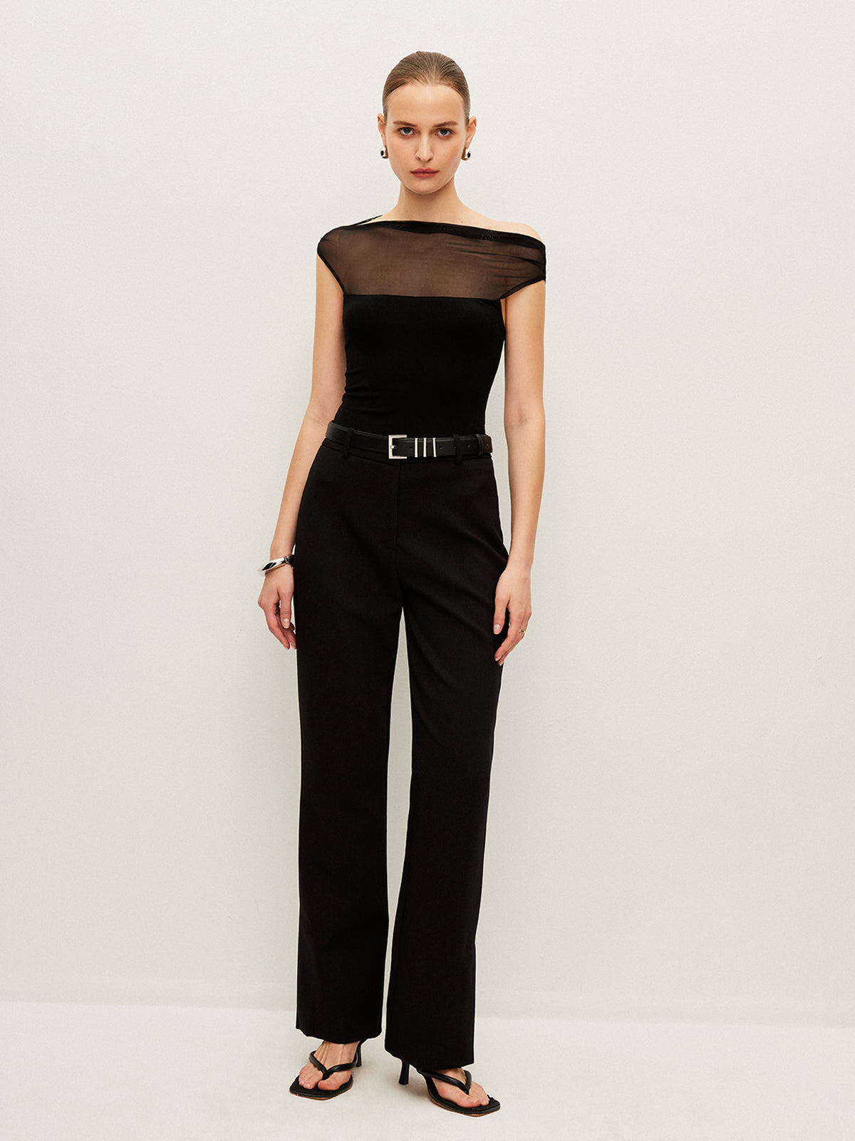 Semi-Sheer Mesh Panel Boat Neck T-Shirt