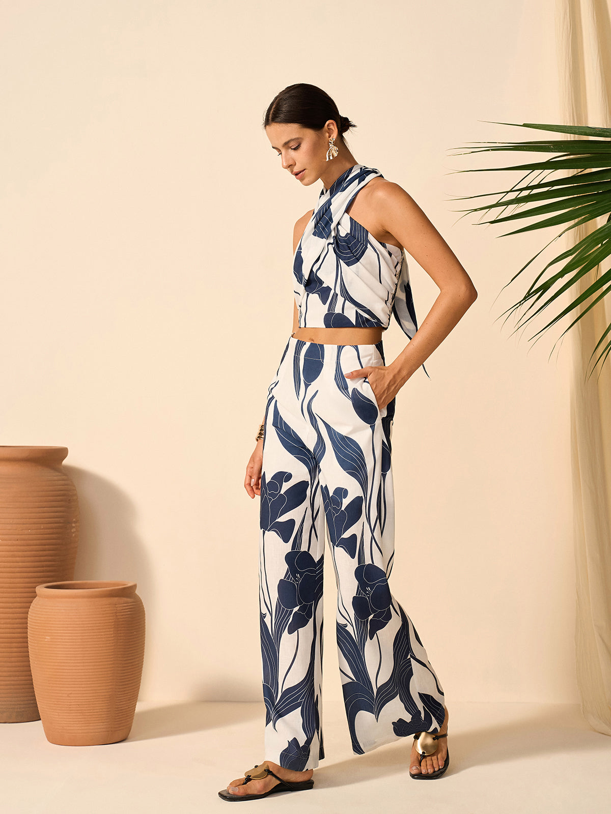 Floral Print Halter Top With Pants Set