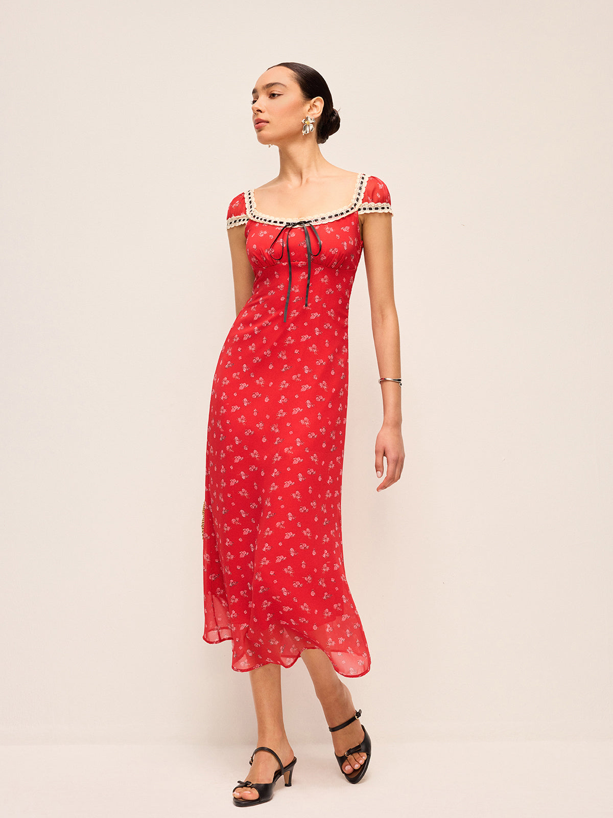 Floral Print Midi Dress with Lace Trim