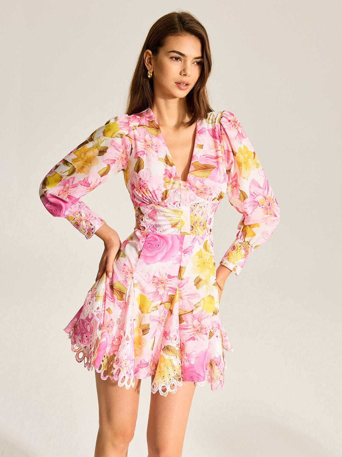 Floral Print V-Neck Dress With Eyelet Detail