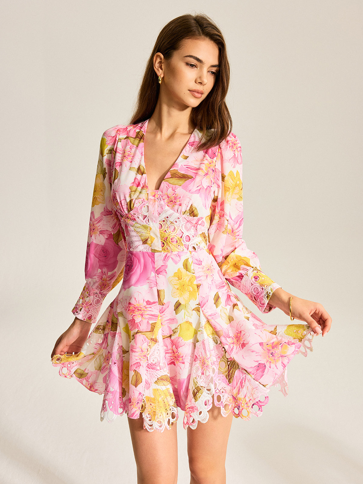 Floral Print V-Neck Dress With Eyelet Detail