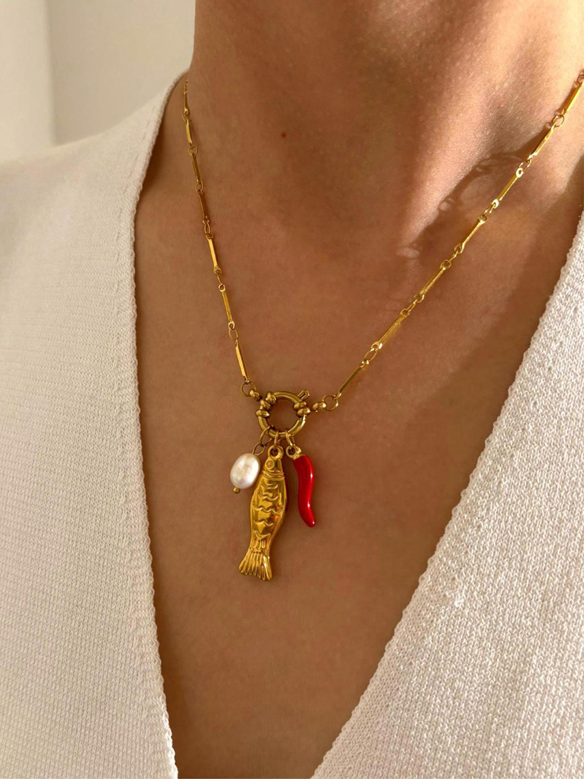 Fish & Chili Pendant Link Chain Necklace