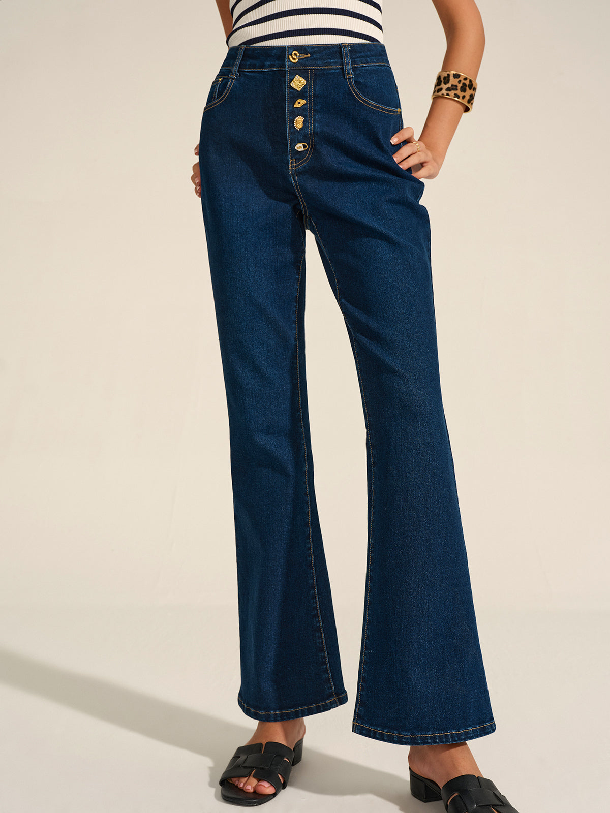Denim Metal Decor Flared Pants