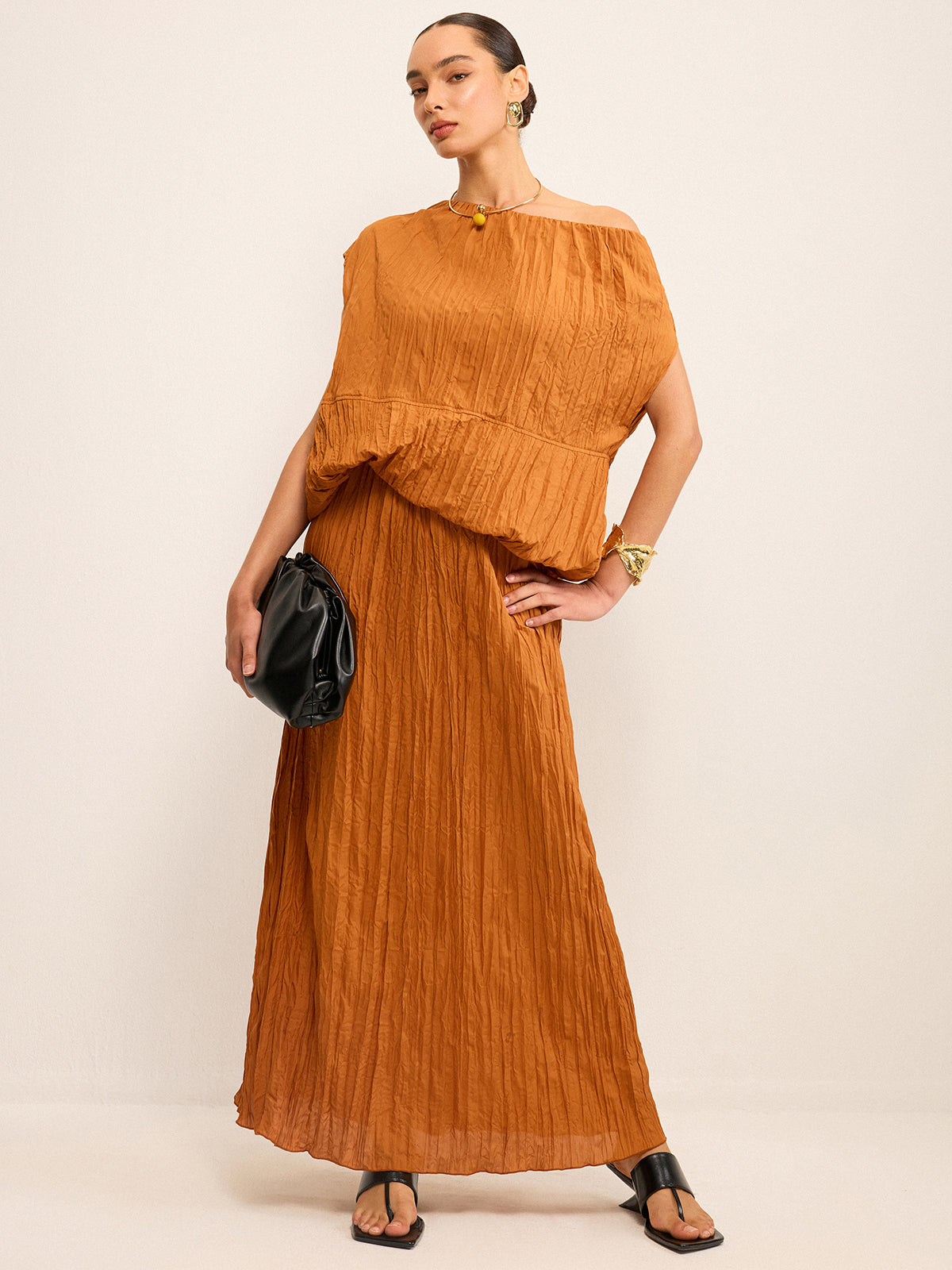 Oversized Textured Off-Shoulder Top and Maxi Skirt Set