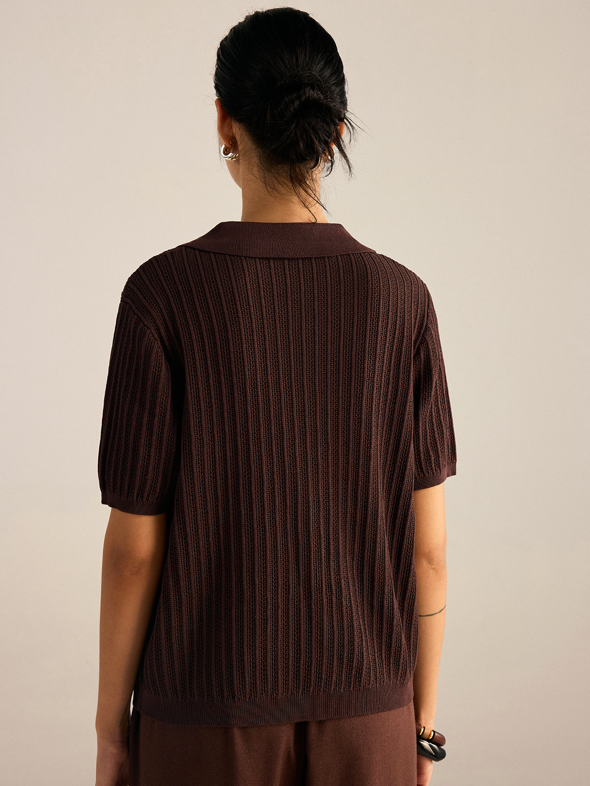 Ribbed Knit Polo-Collar Cardigan