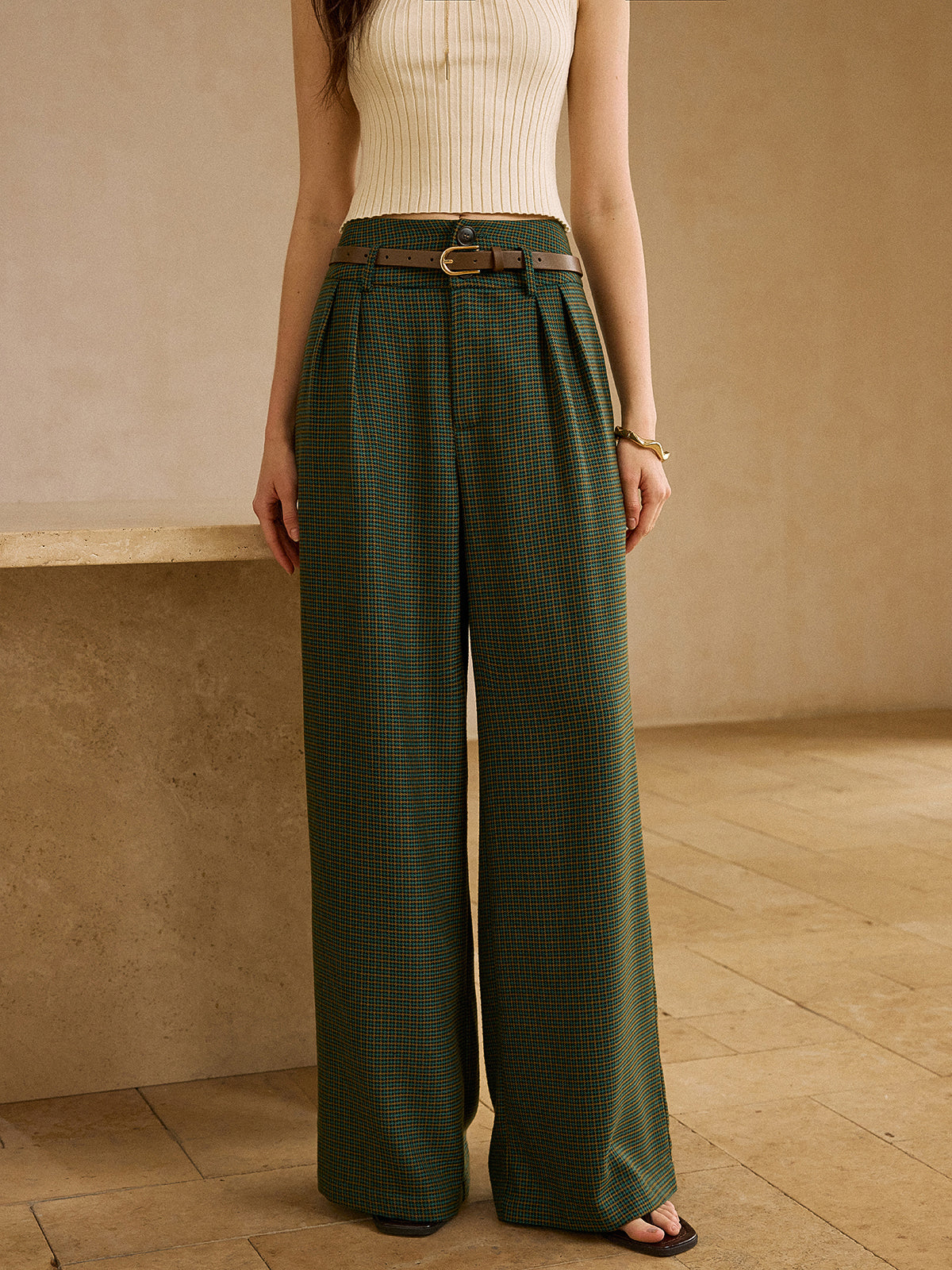 Vintage Plaid High-Waisted Pants with Belt