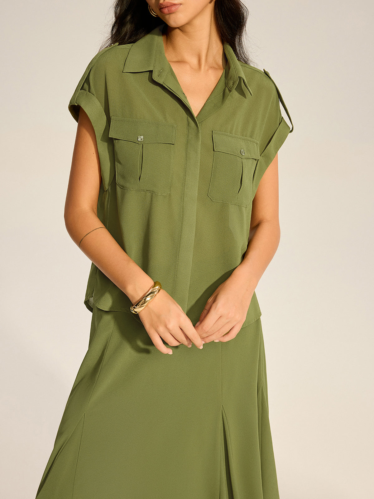 Rolled-Sleeve Pocketed Chiffon Shirt and Midi Skirt Set