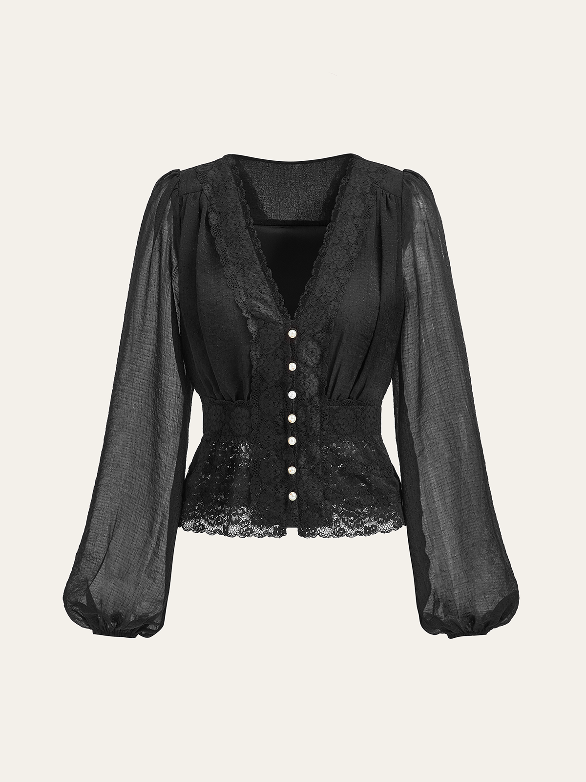 Semi-Sheer Lace Trim Pearl Button Top
