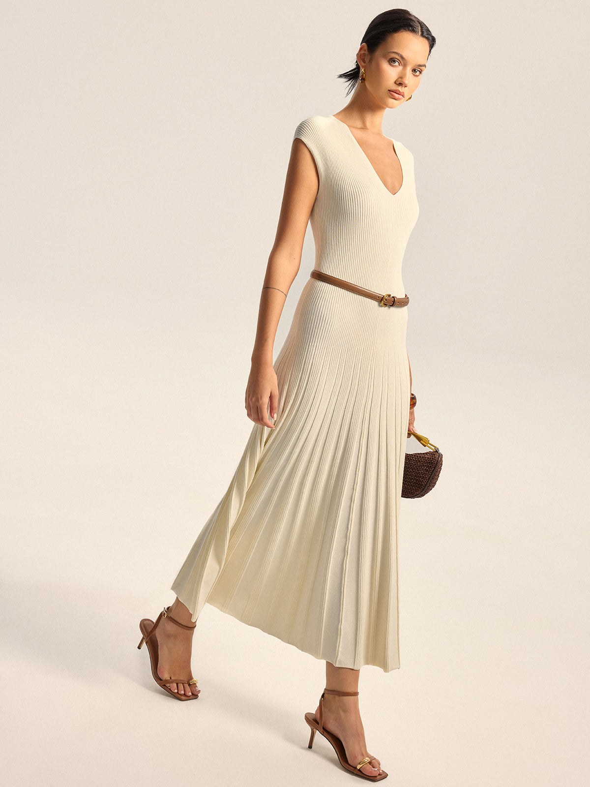 Ribbed Knit V-Neck Midi Dress Without Belt