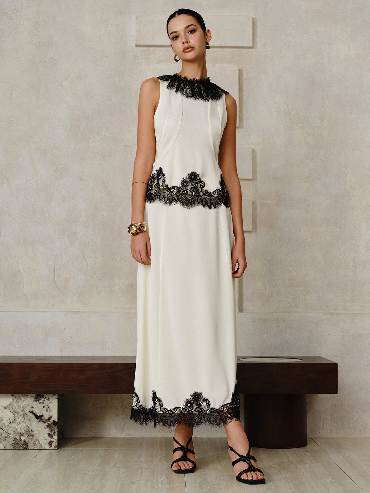 Lace Trim Top and Maxi Skirt Set